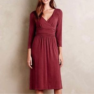 Anthropologie Maeve Galena Dress Wine Ruched 3/4 Sleeves Jersey Womens Small NEW